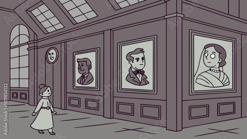A young girl stands in a museum hallway looking at portraits of historical figures and a peculiar smiling clock