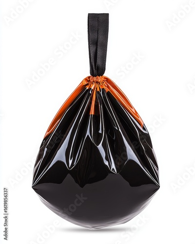 Glossy Black and Orange Plastic Bag with Loop Handle on White Background