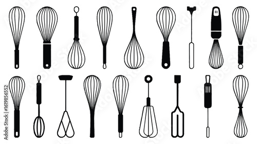 A black and white illustration of a collection of kitchen whisks arranged in a grid pattern