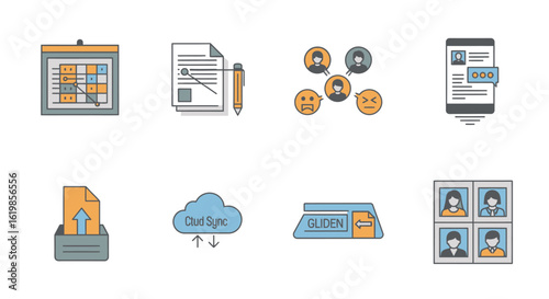 A set of eight flat design icons depicting scheduling, documents, feedback, mobile profile, file upload, cloud sync, click through rate, and user profiles.