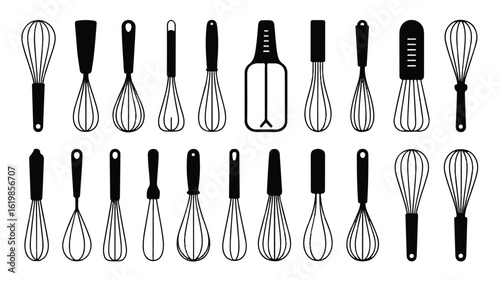 A black and white illustration of a collection of kitchen whisks arranged in a grid pattern.