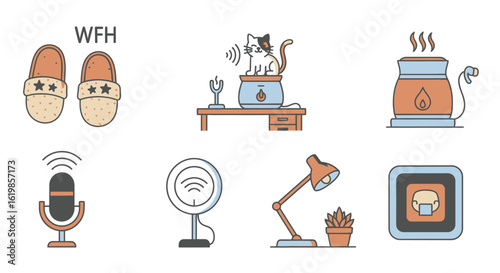 Illustration depicting work from home elements: slippers, cat on desk, aroma diffuser, microphone, ring light, desk lamp with plant, and masked face icon.