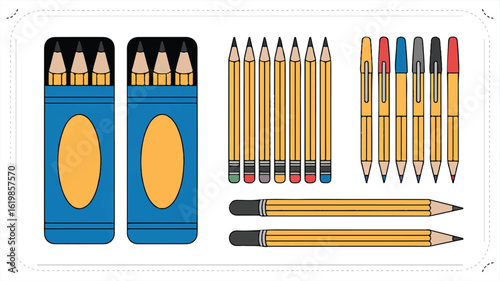 A digital illustration of writing implements arranged on a white backgroun