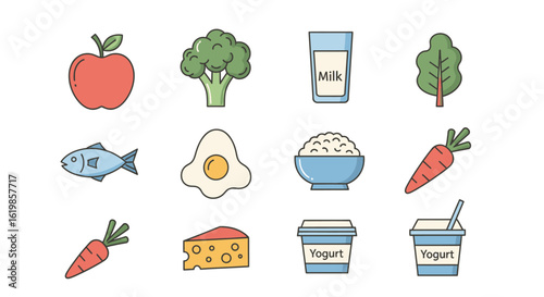 A collection of colorful, outlined icons representing healthy food choices, including fruits, vegetables, dairy, protein, and grains, arranged in a neat grid on a white background.