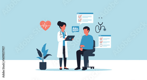 A female doctor in a white coat reviews information on a tablet with a seated male patient in a medical office setting.