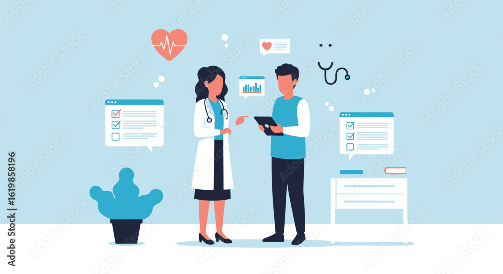 Fototapeta premium A doctor in a white coat consults with a patient holding a tablet in a light blue medical setting with health icons and a potted plant.