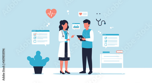 A doctor in a white coat consults with a patient holding a tablet in a light blue medical setting with health icons and a potted plant.