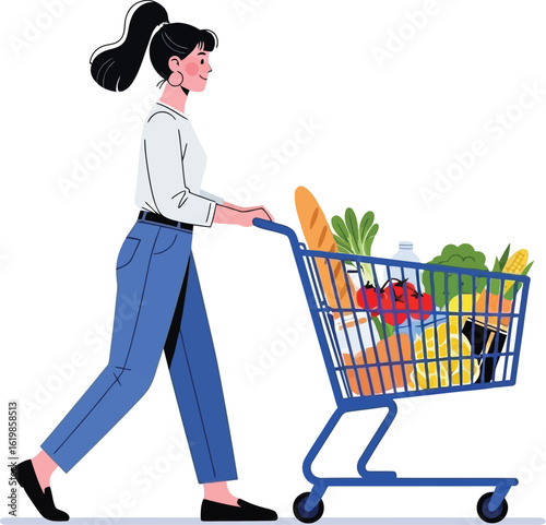 Woman happily pushing grocery cart filled with fresh produce and bread