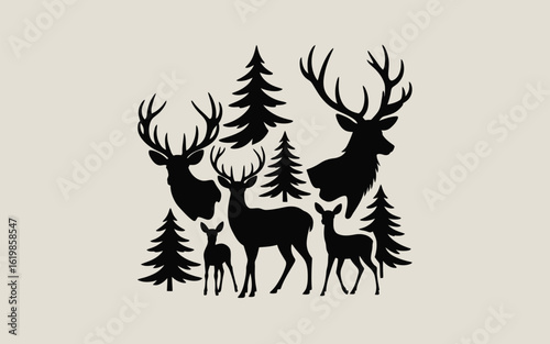 Majestic deer family silhouettes among pine trees in forest