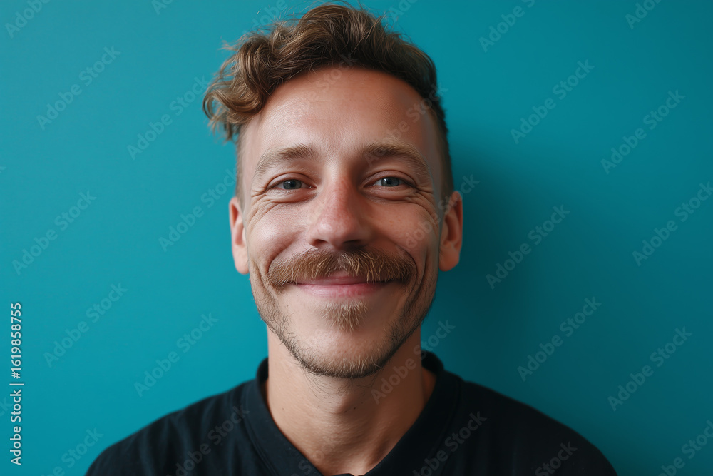 Fototapeta premium Close-up of a cheerful man with a stylish mustache and nose ring, smiling warmly against a vibrant blue backdrop.