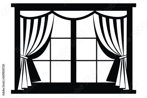 Decorative Window Frame with Curtains and Swag Topper in Black Silhouette Design