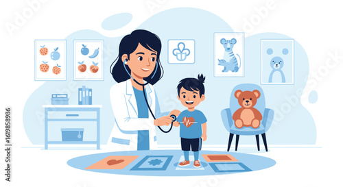 A female doctor uses a stethoscope to examine a young boy in a pediatrician's office, with colorful artwork and a teddy bear in the background.