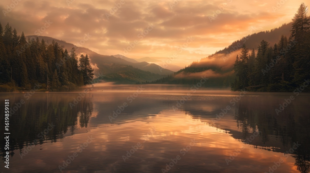 A breathtaking cinematic landscape of majestic mountains reflected in a calm lake during a beautiful sunset or sunrise, with warm sky colors. A breathtaking cinematic landscape of majestic mountains reflected in a calm lake during a beautiful sunset or sunrise, with warm sky colors.