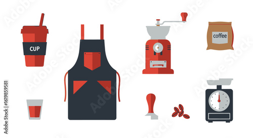 Flat lay illustration of coffee brewing equipment including a cup, apron, grinder, beans, tamper, scale, and coffee bag.