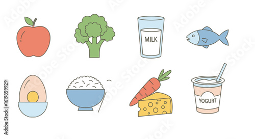 Illustration of eight healthy food items: apple, broccoli, milk, fish, egg, rice, carrot with cheese, and yogurt, arranged in two rows on a white background.