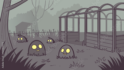 Whimsical glowing creatures emerge from the grass near a greenhouse and a rustic shed under a hazy moonlit sky