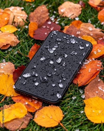Smartphone Covered in Raindrops on Colorful Autumn Leaves on Grass