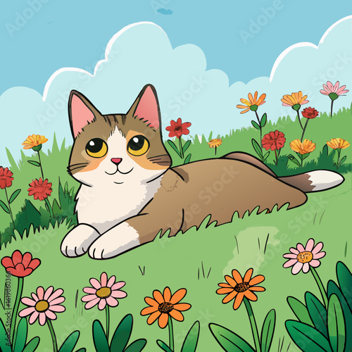 Watercolor cat laying in a field of meadow flowers
