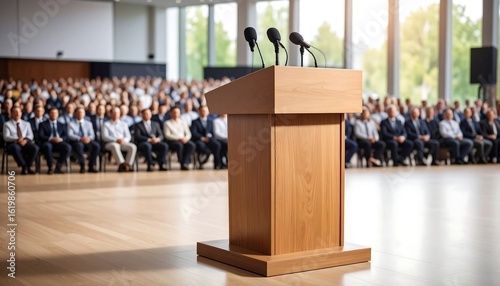 A wooden lectern stands before a large audience in a spacious hall