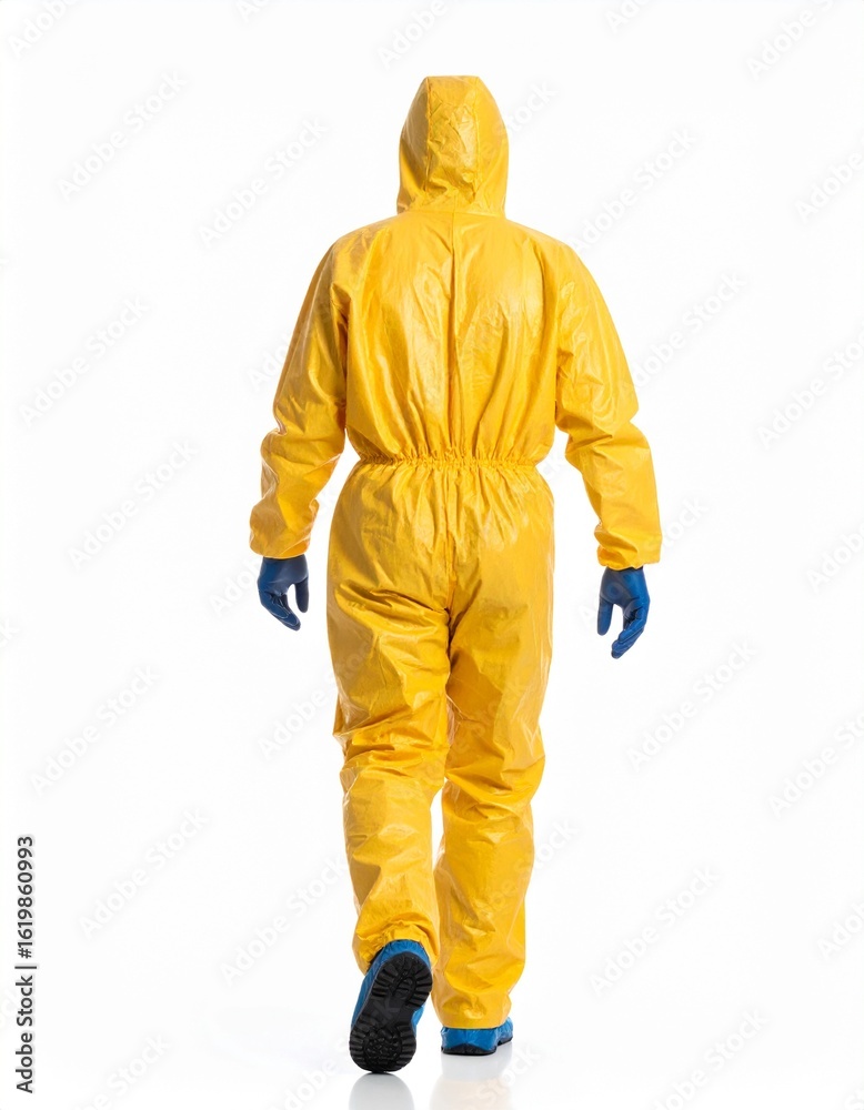 Person in Yellow Protective Suit Walking Away. Person in Yellow Protective Suit Walking Away.