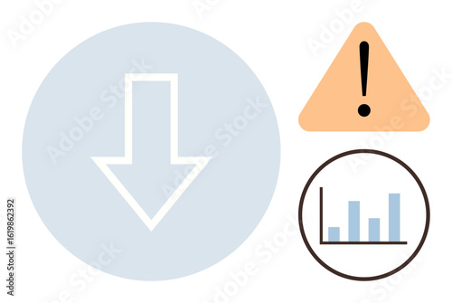 Downward arrow, orange warning sign, and bar chart suggesting decline, caution, impact, performance drop. Ideal for warning, risk, analysis finance failure strategy simple flat metaphor