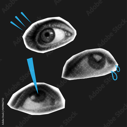Halftone eyes with different emotions isolated on black,trendy collage elements