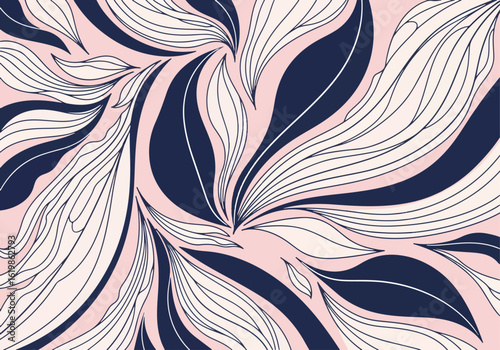 A beautiful composition of flowing botanical shapes, rendered in both solid navy blue and delicate line art, sweeps across a soft pink background.