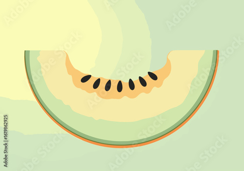 A soft, refreshing illustration shows a bitten slice of honeydew melon with black seeds, set against a gentle pale green gradient background.
