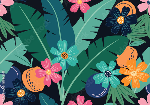 A vibrant seamless pattern evokes a tropical jungle at night, with colorful flowers and fruits blooming over lush banana leaves on a dark background.