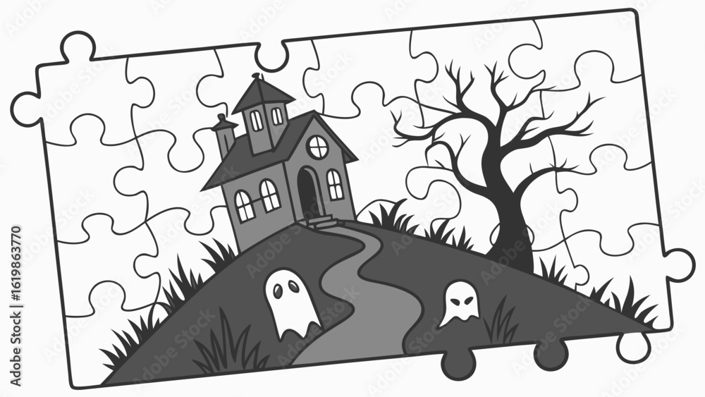 Fototapeta premium A spooky haunted house on a hill with a bare tree and friendly ghosts presented as an incomplete jigsaw puzzle