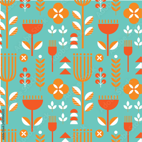 Mid-century modern floral seamless vector pattern in retro folk art style