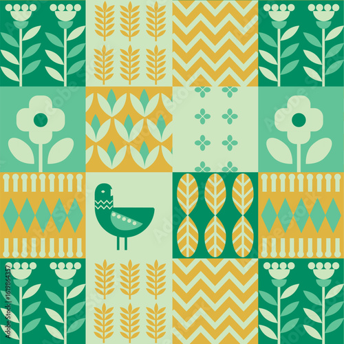 Mid-century modern floral seamless vector pattern in retro folk art style