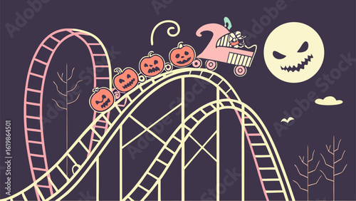 Spooky halloween roller coaster ride featuring jack o lanterns and a ghostly moon under a dark night sky
