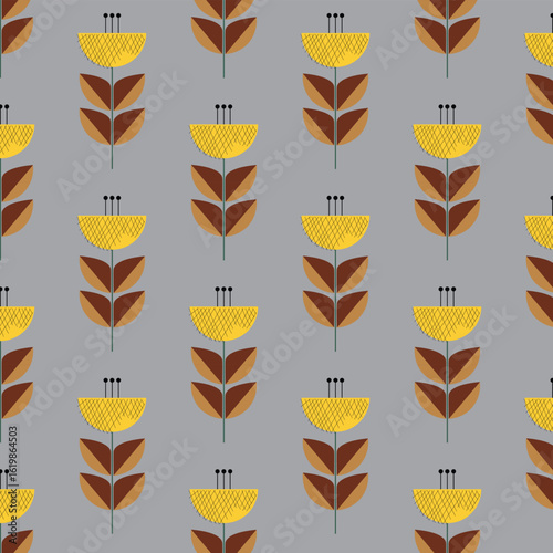 Mid-century modern floral seamless vector pattern in retro folk art style