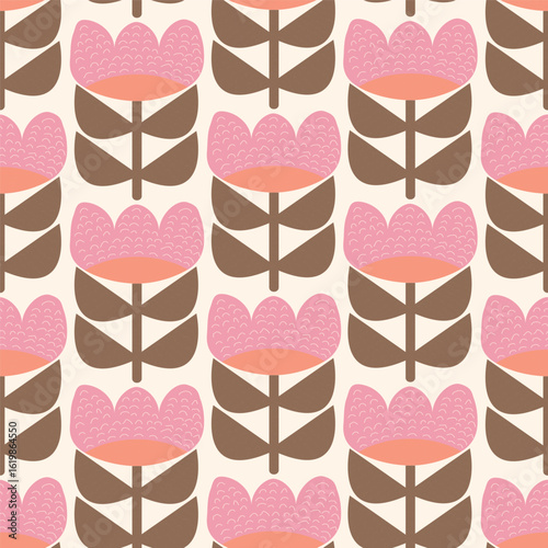 Mid-century modern floral seamless vector pattern in retro folk art style