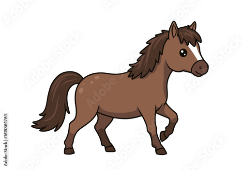 Cartoon Brown Horse with White Blaze Walking Illustration