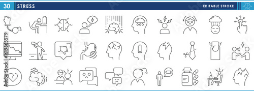 A set of line icons related to Stress. Problem, pain, trouble, medicine, job, scream, sad, and so on. Vector editable stroke.