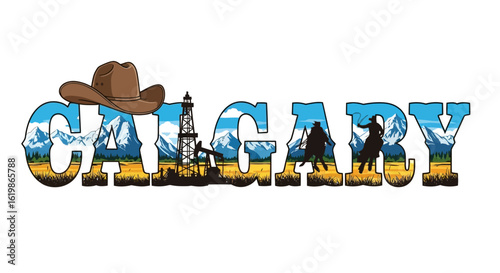 Calgary City Skyline Cowboy Vector Logo.