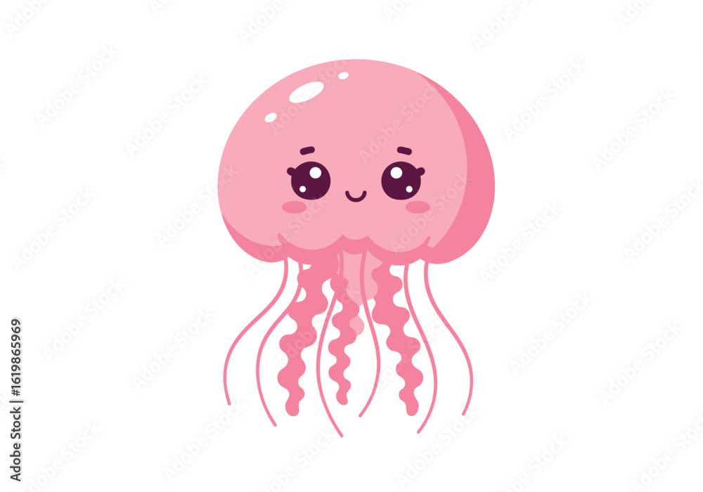 Cute Pink Cartoon Jellyfish with Big Eyes and Tentacles Cute Pink Cartoon Jellyfish with Big Eyes and Tentacles