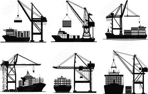 Silhouettes of container ships and cranes in a busy port