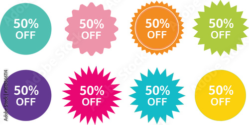 Grab amazing deals with vibrant 50% off sale tags and stickers