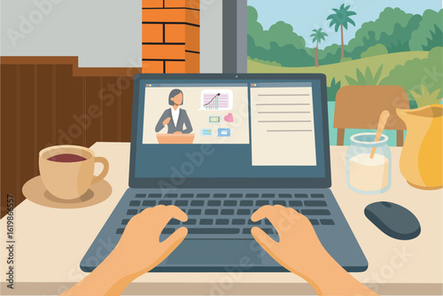 Remote Work Setup in Cafe with Greenery View – Flat Vector Illustration