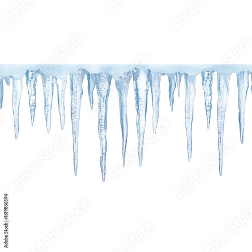 Row of icicles hanging isolated on transparent background