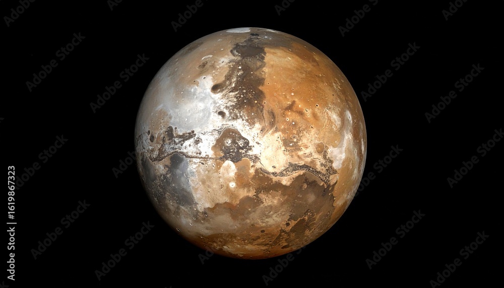 Fototapeta premium Textured planet with icy poles and rocky surface floating in deep space.