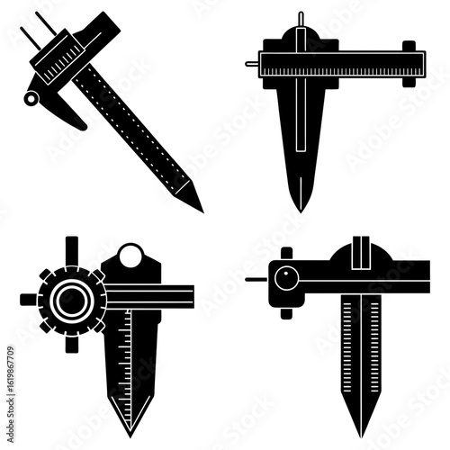 Four different caliper designs in black and white showing variations in measurement tools and mechanisms