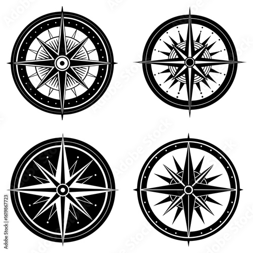 Four compass rose designs in black and white with varying styles and circular border details shown