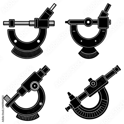 Illustration showing four black and white micrometer tools arranged in a square pattern on white background