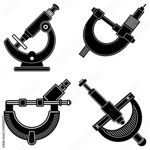 Illustration of scientific instruments including microscopes and micrometers in black and white style