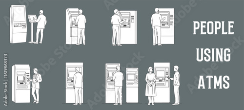 Minimal Outline Vector Illustration of People Using ATMs, Touchscreen Kiosks, Self-Service Ticket Machines, and Interactive Digital Terminals in Public Spaces