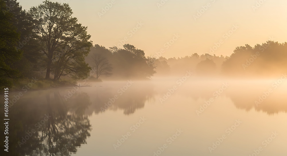 Fototapeta premium Misty Lake at Sunrise: Serene Golden Hour Reflection